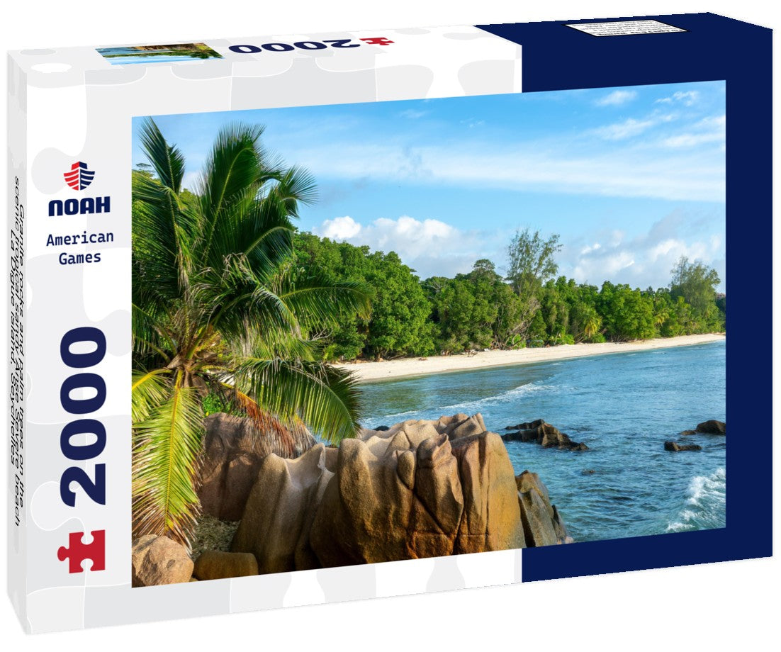 Granite rocks and palm trees on the scenic tropical sandy Anse Severe beach, La Digue island, Seychelles 2000pc Puzzle