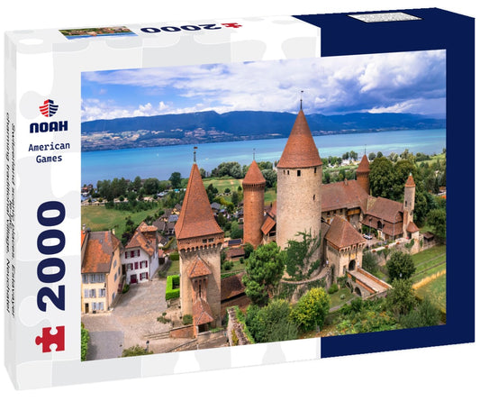 Noah Jigsaw Puzzle Switzerland scenic places. Estavayer-le-lac - charming traditional village, Neuchatel lake. Air dry video of medieval castle. Canton of Fribourg 2000 pieces