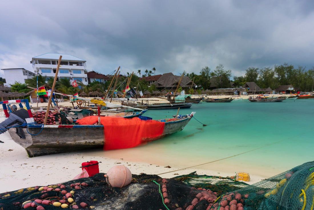 Wooden boats being laid on the beach due to high tide in the village of Kendwa, sunny day, Zanzibar, Tanzania 2000pc Puzzle