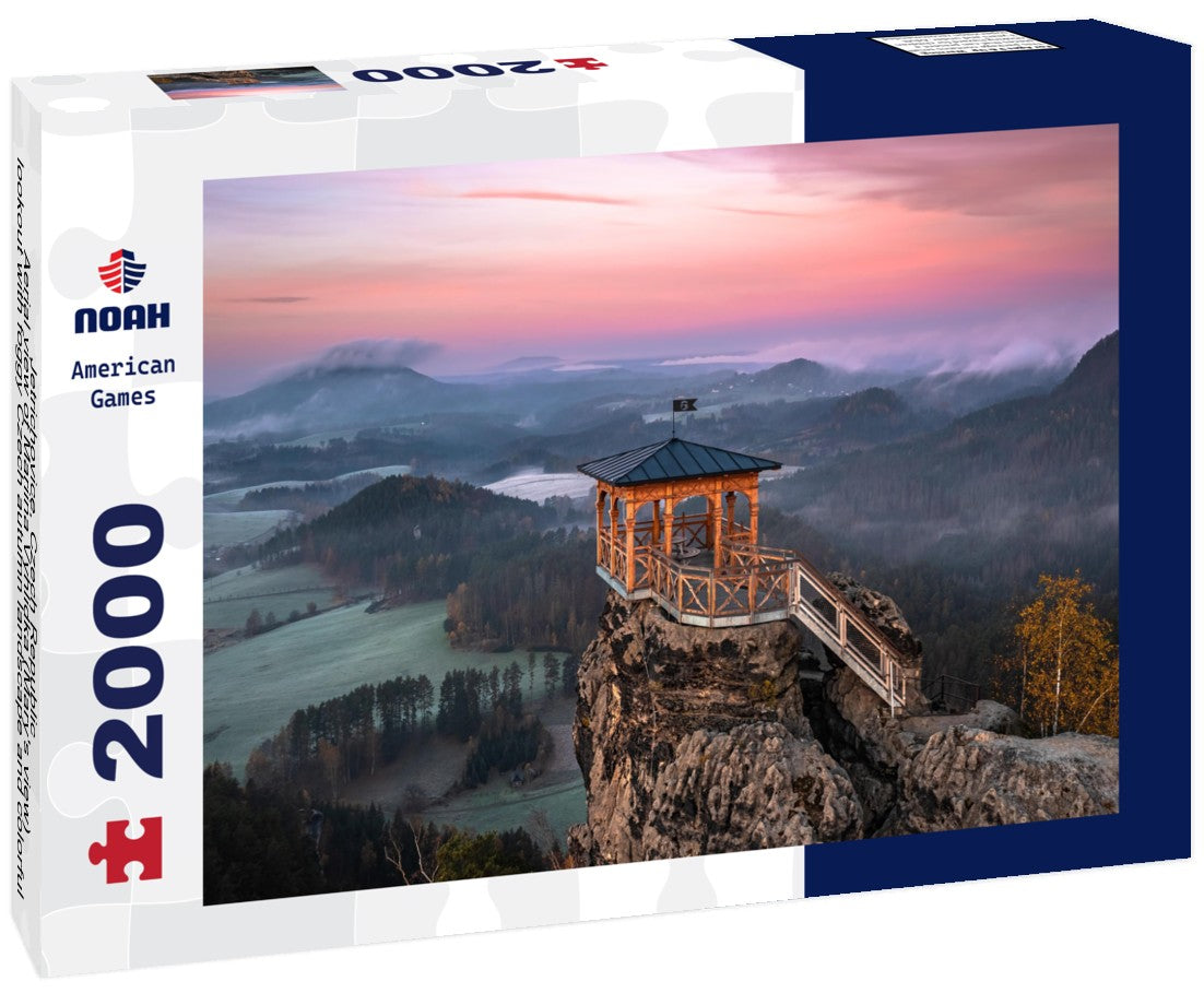 Jetrichovice, Czech Republic - Aerial view of Mariina Vyhlidka (Mary's view) lookout with foggy Czech autumn landscape and colorful pink sunrise sky in Bohemian Switzerland National Park 2000pc Puzzle