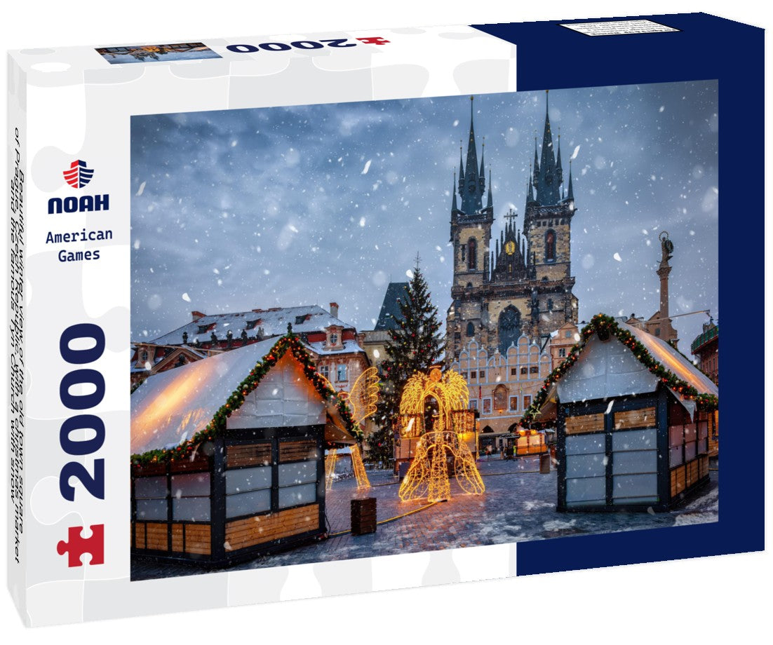 Beautiful winter view of the old town square of Prague, Czech Republic, with a christmas market and the famous Tyn Church with snow 2000pc Puzzle