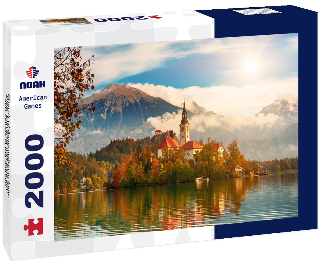 Noah Jigsaw Puzzle Church of Assumption in Lake Bled, Slovenia with blue sky and clouds in the autumn 2000 pieces