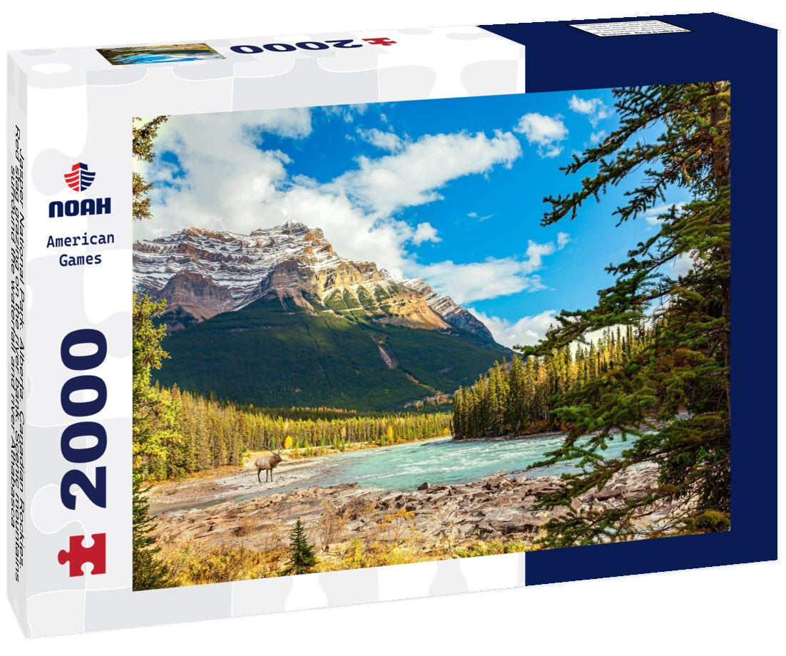 Noah Jigsaw Puzzle Jasper National Park. Alberta. Canadian Rockies. Red stag grazing on the river bank. Scenic mountains surround the waterfall and river Athabasca 2000 pieces