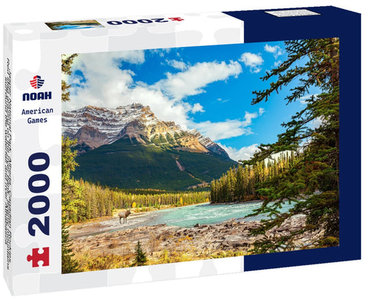 Noah Jigsaw Puzzle Jasper National Park. Alberta. Canadian Rockies. Red stag grazing on the river bank. Scenic mountains surround the waterfall and river Athabasca 2000 pieces