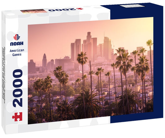 Noah Jigsaw Puzzle Beautiful sunset of Los Angeles skyline in the city center and palm trees in the foreground 2000 pieces