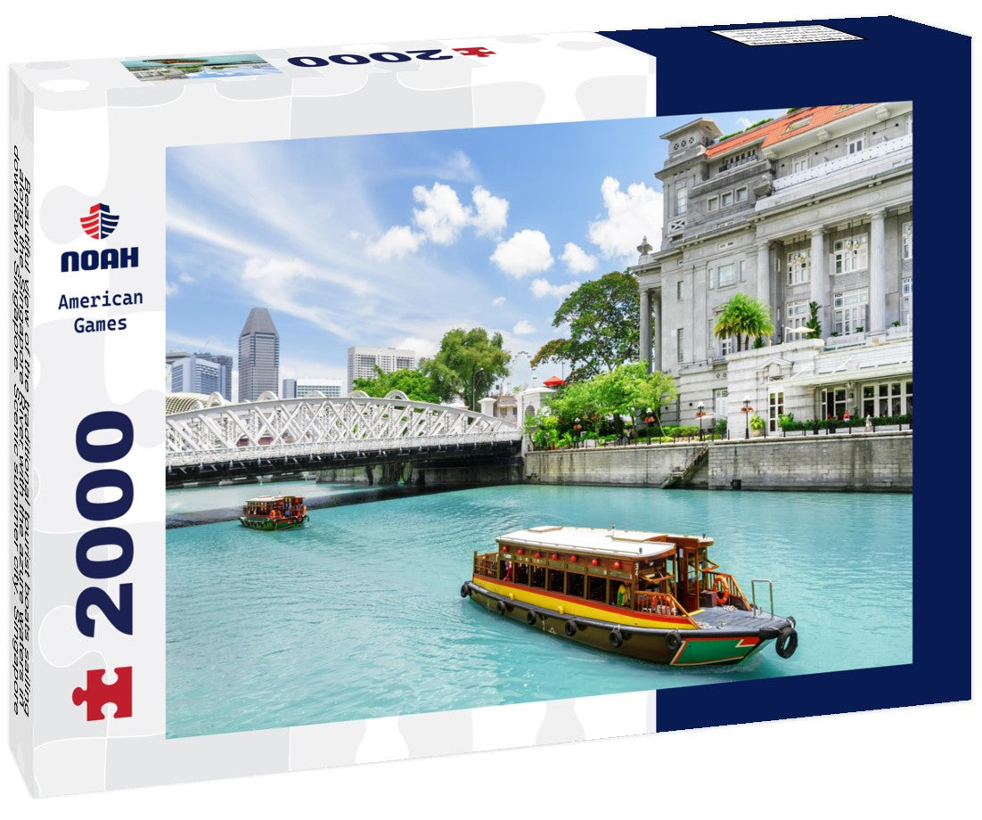 Beautiful view of the traditional tourist boats sailing along the Singapore River with the azure waters in downtown Singapore. Scenic summer city. Singapore is a popular tourist destination in Asia 2000pc Puzzle