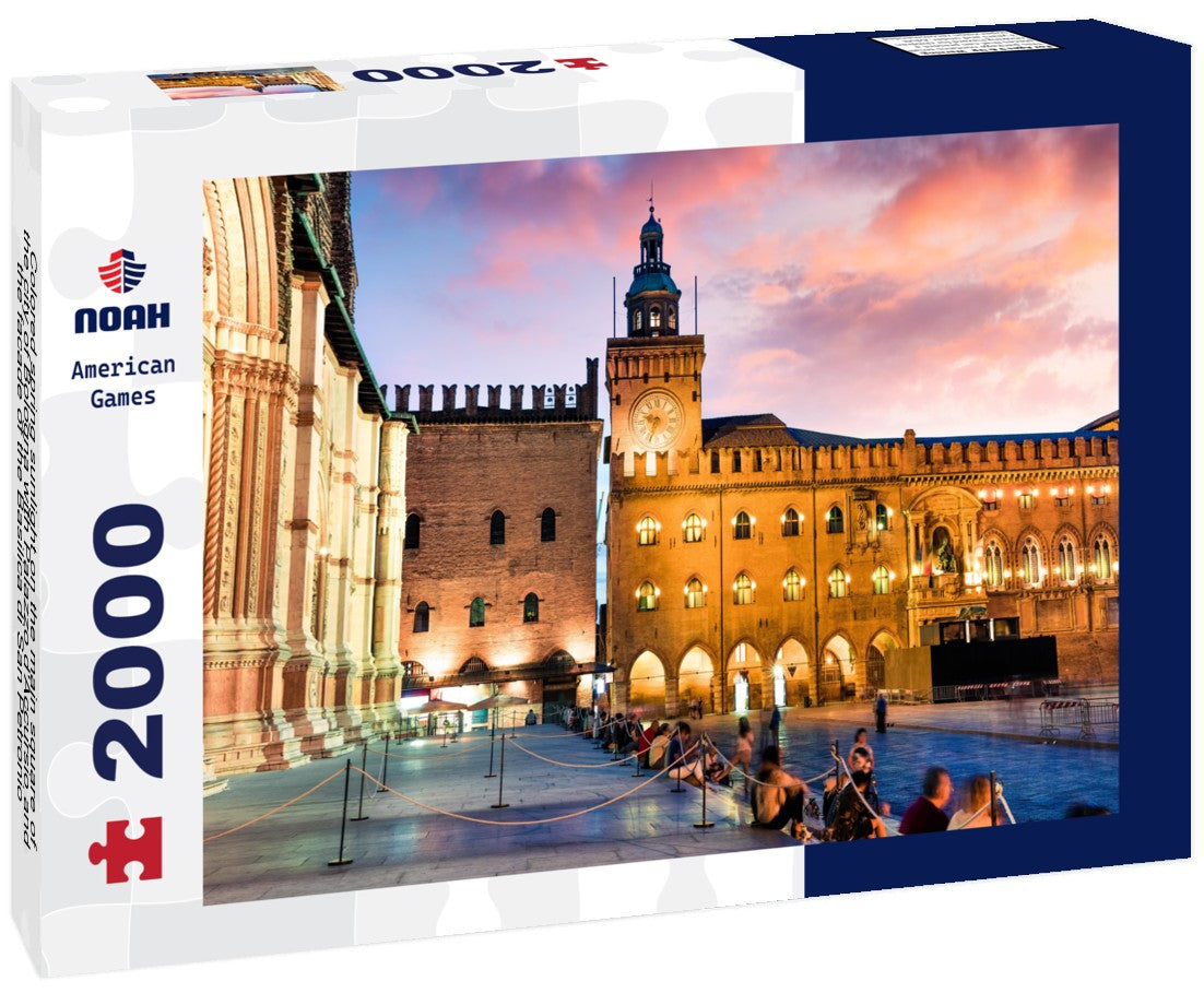Colored spring sunlight on the main square of the city of Bologna with Palazzo d'Accursio and the facade of the Basilica di San Petronio 2000pc Puzzle