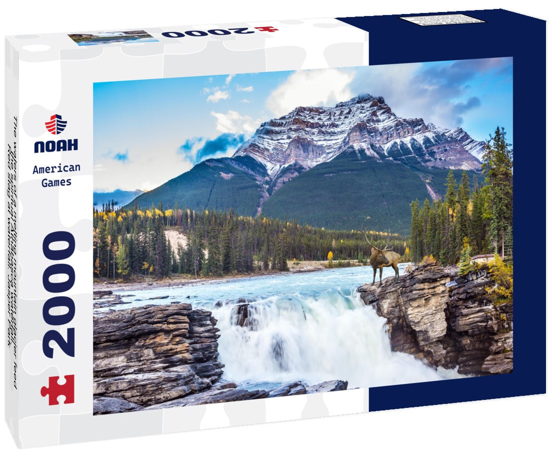 Noah Jigsaw Puzzle The waters of a melting mountain glacier feed the spiritual Athabasca waterfall. Red stag at waterfall. Jasper Park, Canada 2000 pieces