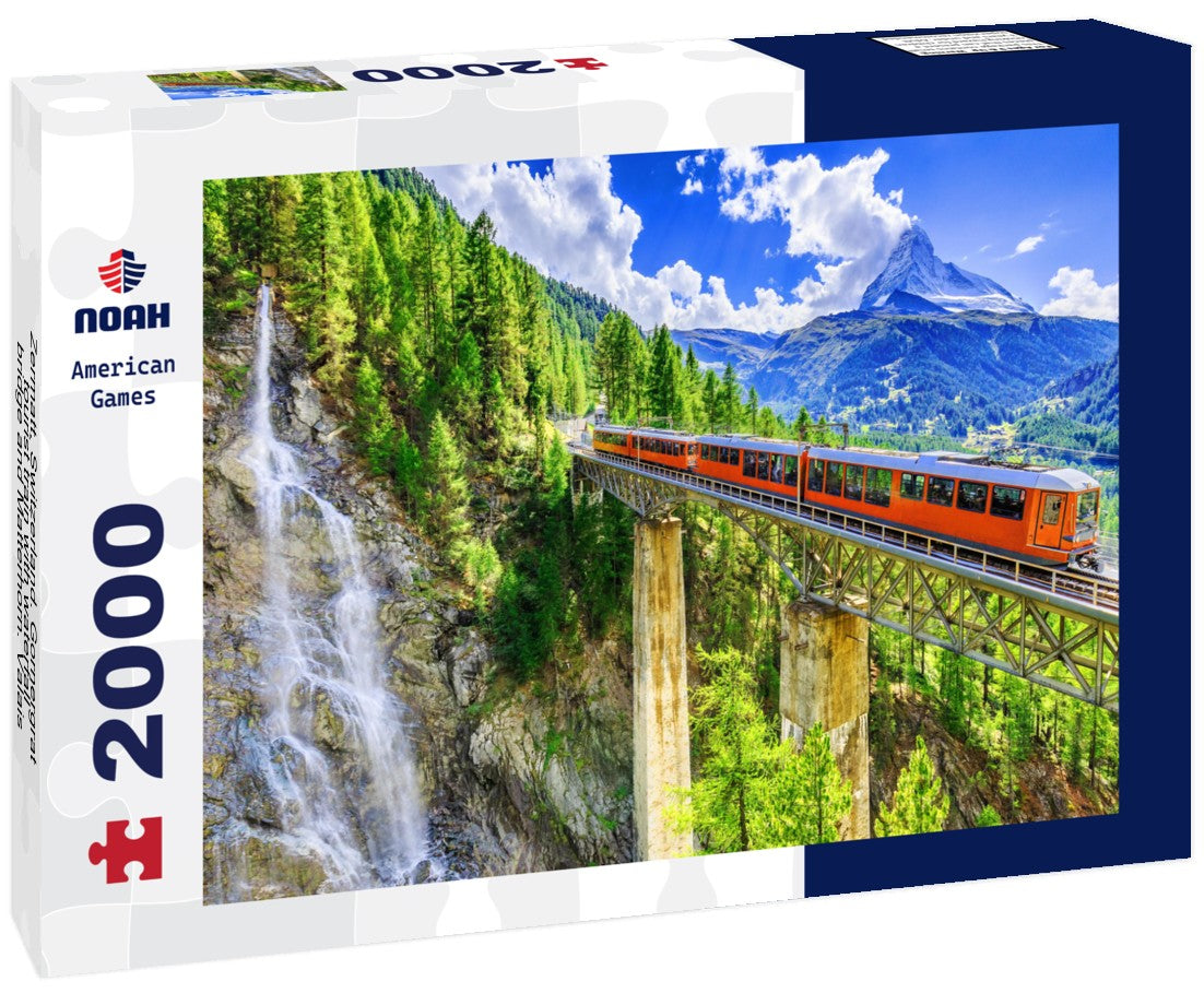 Zermatt, Switzerland. Gornergrat tourist train with waterfall, bridge and Matterhorn. Valais 2000pc Puzzle