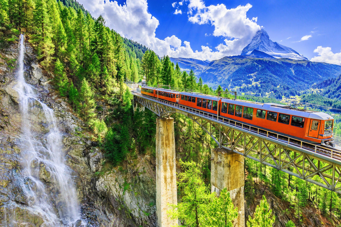 Zermatt, Switzerland. Gornergrat tourist train with waterfall, bridge and Matterhorn. Valais 2000pc Puzzle