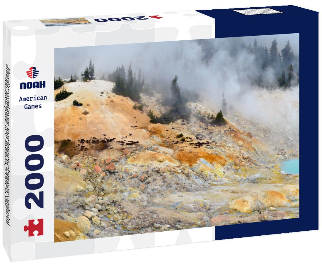 Geothermal area producing steam on colorful slopes. Bumpass hell area in Lassen volcanic national park in Californa, USA in fall. Turquoise lakes in the fog with cloudy sky 2000pc Puzzle