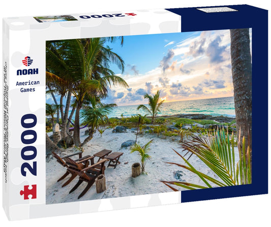 Noah Jigsaw Puzzle Sunset at Paradise Beach - chairs under the palm trees on the beach at the Tropical Resort. Riviera Maya - Caribbean coast in Tulum in Quintana Roo, Mexico 2000 pieces