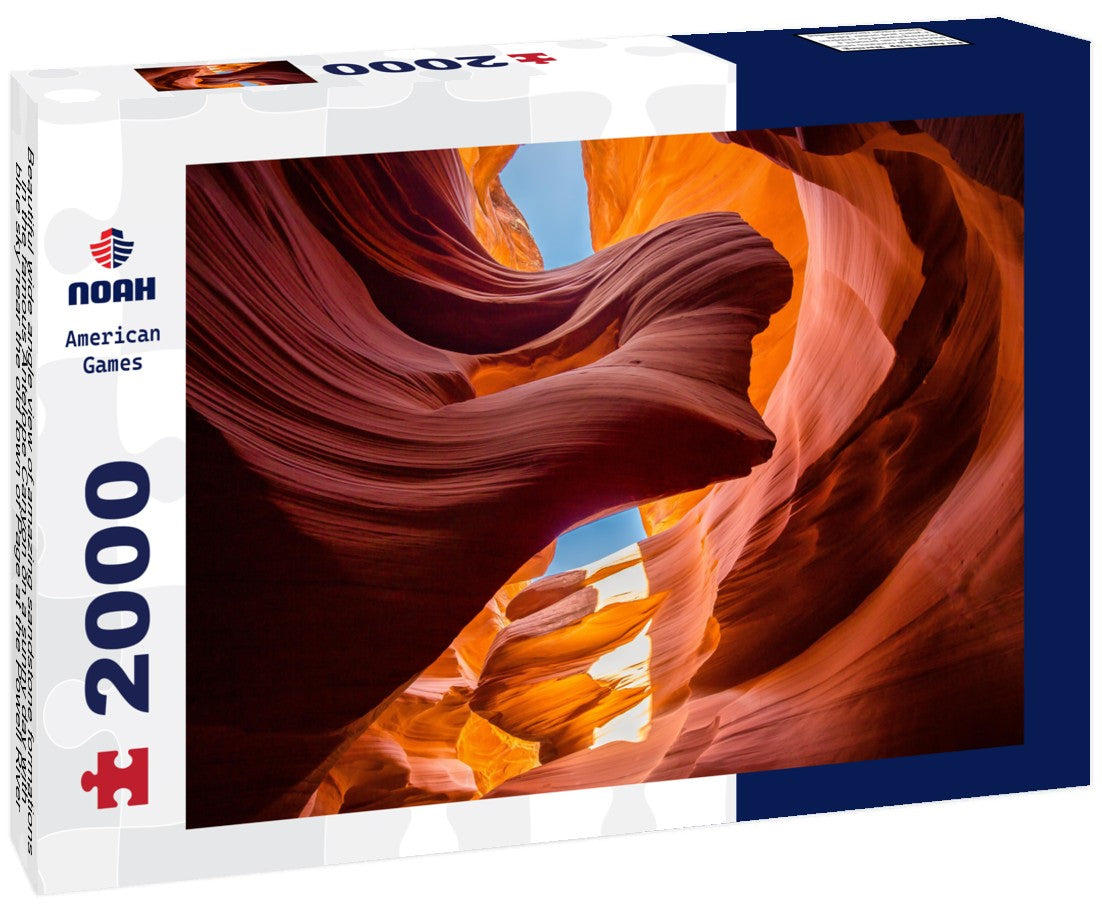 Beautiful wide angle view of amazing sandstone formations in the famous Antelope Canyon on a sunny day with blue sky near the old town of Page at the Powell River, American Southwest, Arizona, USA 2000pc Puzzle