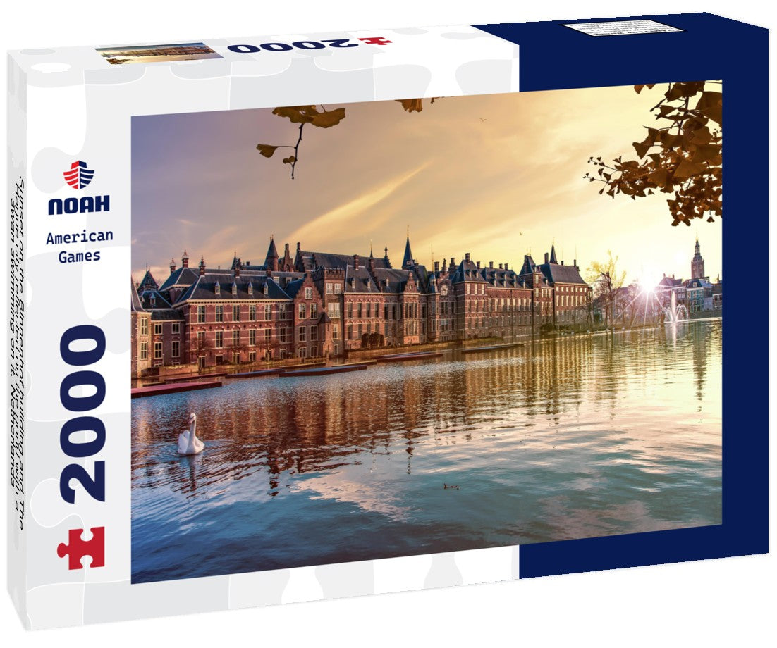 Sunset on the Binnenhof building and The Hague city reflected on the pond with a swan swimming on it, Netherlands 2000pc Puzzle