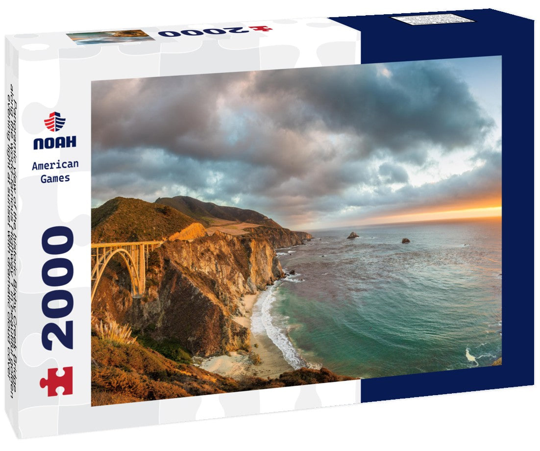 the historic Bixby Creek Bridge along the world-famous Highway 1 in beautiful golden evening light at sunset with dramatic cloud cover in summer, Monterey County, California, USA 2000pc Puzzle