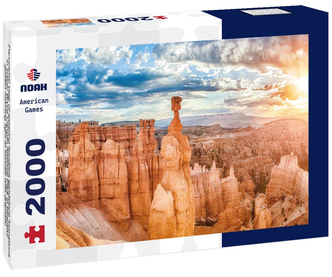 Noah Jigsaw Puzzle Panoramic view of amazing hoodoos sandstone formations in scenic Bryce Canyon National Park in beautiful golden morning light at sunrise with dramatic sky and blue sky, Utah, USA 2000 pieces
