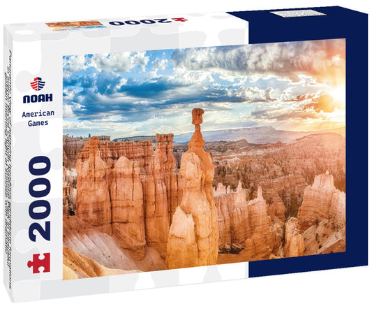 Noah Jigsaw Puzzle Panoramic view of amazing hoodoos sandstone formations in scenic Bryce Canyon National Park in beautiful golden morning light at sunrise with dramatic sky and blue sky, Utah, USA 2000 pieces