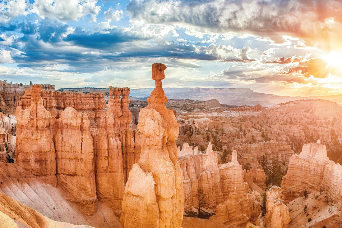 amazing hoodoos sandstone formations in scenic Bryce Canyon National Park in beautiful golden morning light at sunrise with dramatic sky and blue sky, Utah, USA 2000pc Puzzle
