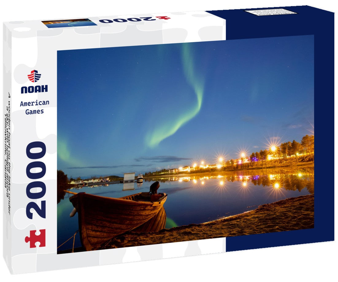 A wooden boat on the lake under a sky with brilliant aurora, Yellowknife, Canada 2000pc Puzzle