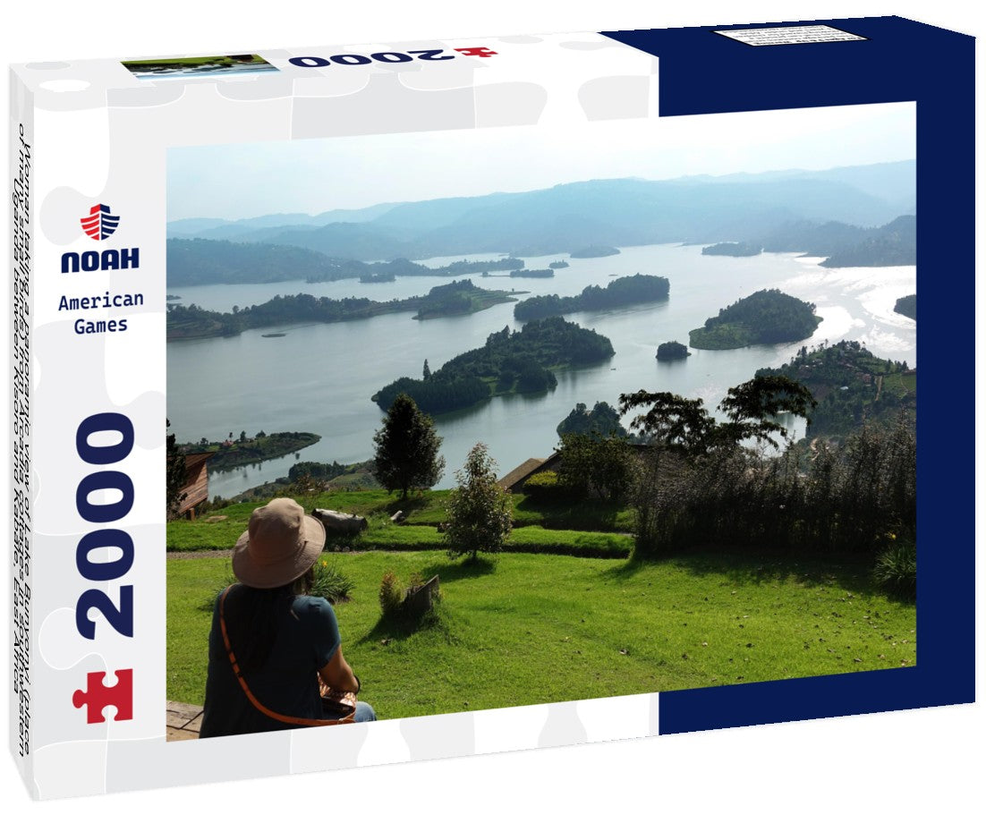Noah Jigsaw Puzzle Woman taking a panoramic view of Lake Bunyonyi (place of many small birds) from Arcadia cottages in southwestern Uganda between Kisoro and Kabale, East Africa 2000 pieces
