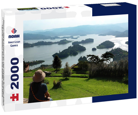 Noah Jigsaw Puzzle Woman taking a panoramic view of Lake Bunyonyi (place of many small birds) from Arcadia cottages in southwestern Uganda between Kisoro and Kabale, East Africa 2000 pieces