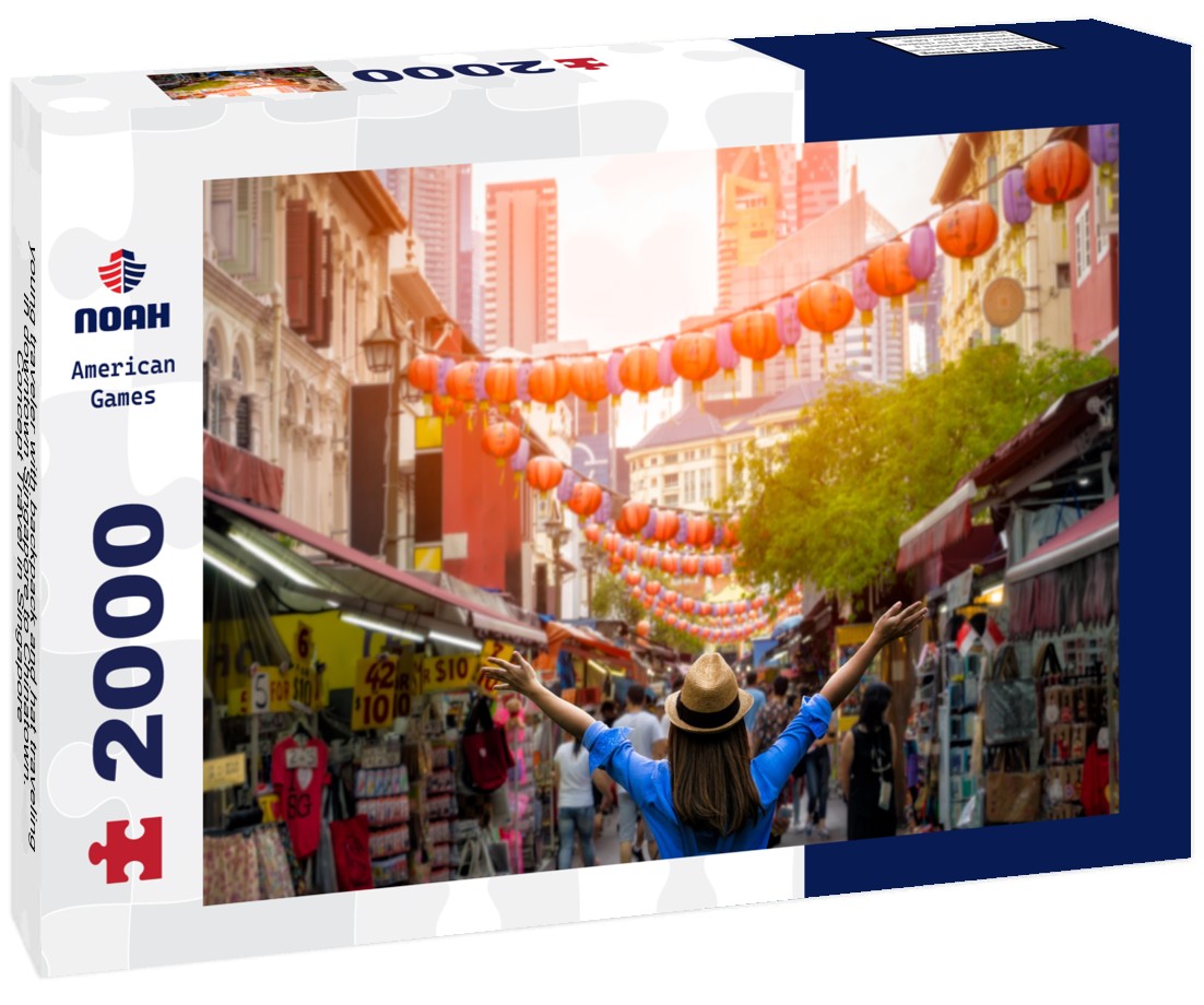 young traveler with backpack and hat traveling in downtown Singapore to Chinatown. Concept Travel in Singapore 2000pc Puzzle