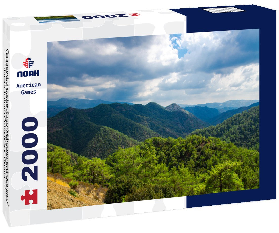 top view from Kykkos monastery area of Troodos mountains range with green hills and pine forests in front of cloudy sky, Cyprus 2000pc Puzzle