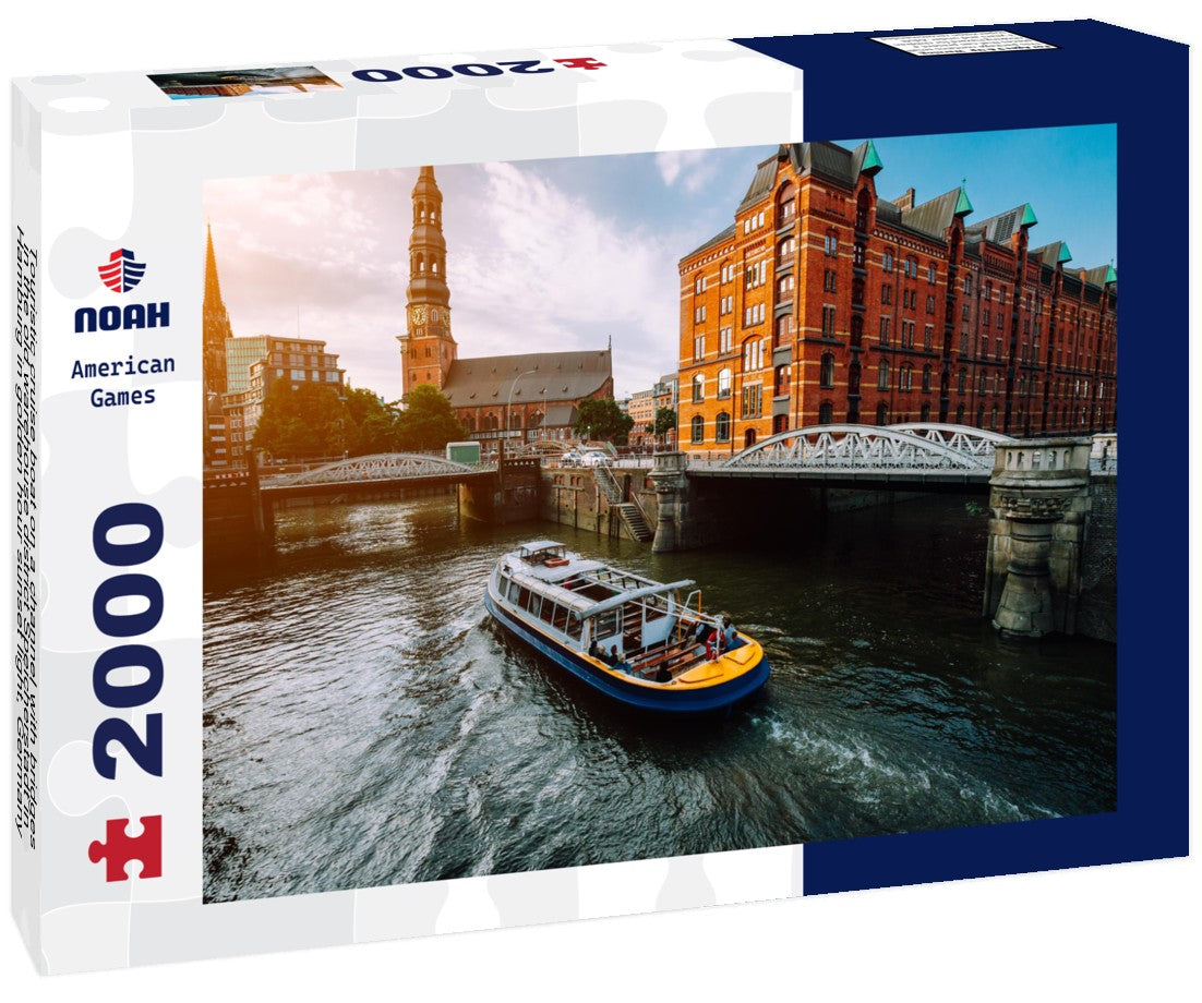 Touristic cruise boat on a channel with bridges in the old warehouse district Speicherstadt in Hamburg in golden hour sunset light, Germany 2000pc Puzzle