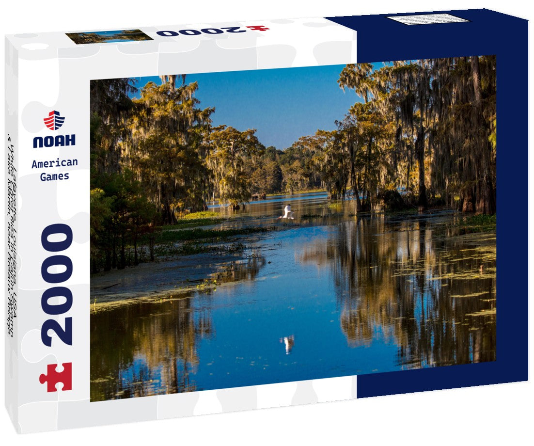 Lafayette, Louisiana, USA - White Egret flies in Cajun Swamp & Lake Martin, near Breaux Bridge and Lafayette Louisiana 2000pc Puzzle