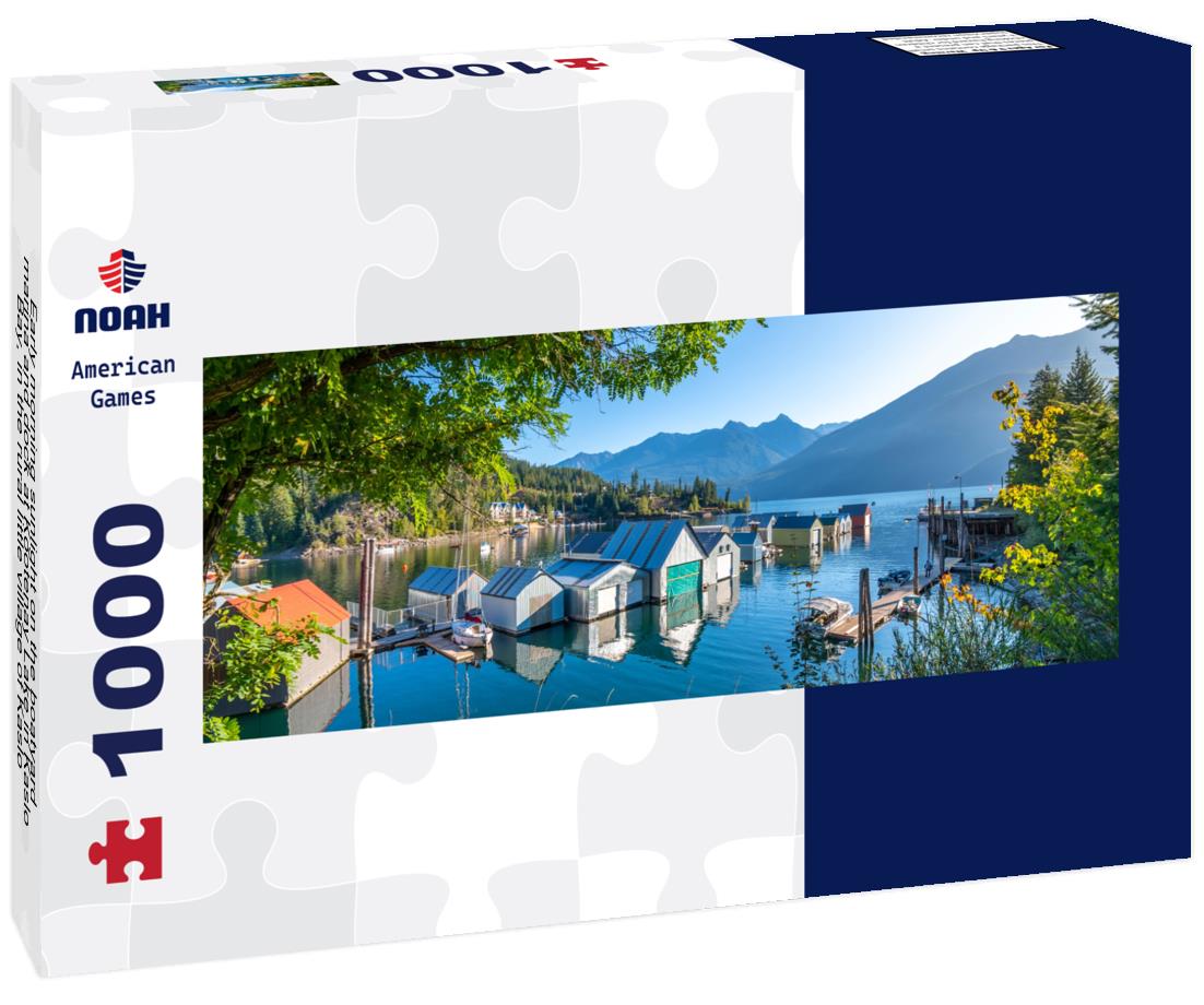Noah Jigsaw Puzzle Early morning sunlight on the boatyard, marina and dock at Kootenay Lake in Kaslo Bay, in the rural little village of Kaslo, British Columbia, Canada panorama 1000 pieces