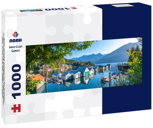 Noah Jigsaw Puzzle Early morning sunlight on the boatyard, marina and dock at Kootenay Lake in Kaslo Bay, in the rural little village of Kaslo, British Columbia, Canada panorama 1000 pieces