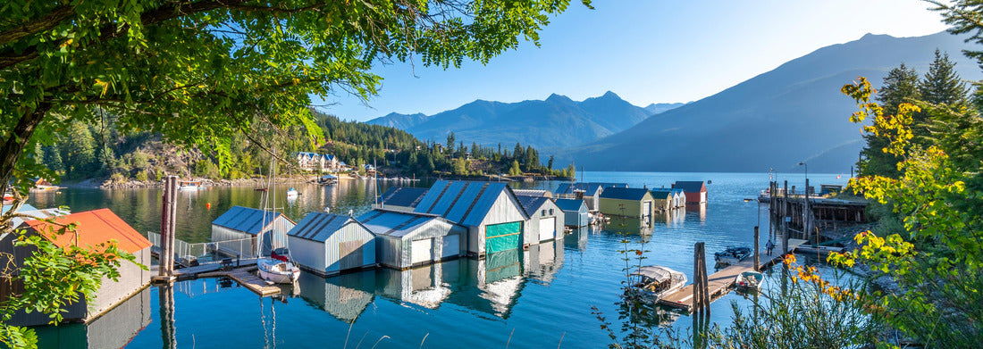Noah Jigsaw Puzzle Early morning sunlight on the boatyard, marina and dock at Kootenay Lake in Kaslo Bay, in the rural little village of Kaslo, British Columbia, Canada panorama 1000 pieces