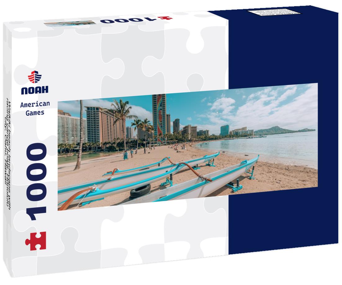 Waikiki beach landscape with racing canoe boats. Honolulu city, Oahu, Hawaii 1000pc Panoramic Puzzle