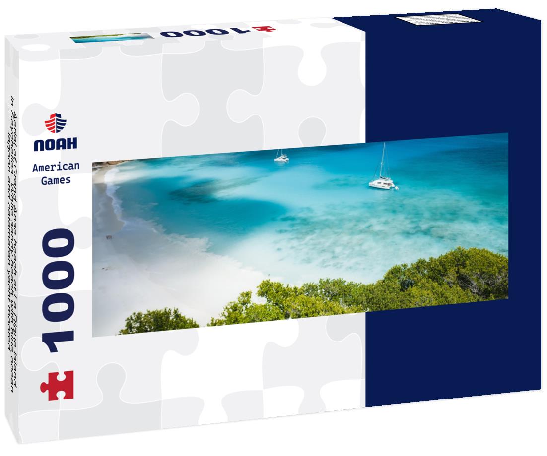 Noah Jigsaw Puzzle Aerial of Grand Anse beach at La Digue island in Seychelles. White sandy beach with blue ocean lagoon and catamaran yacht moored panorama 1000 pieces