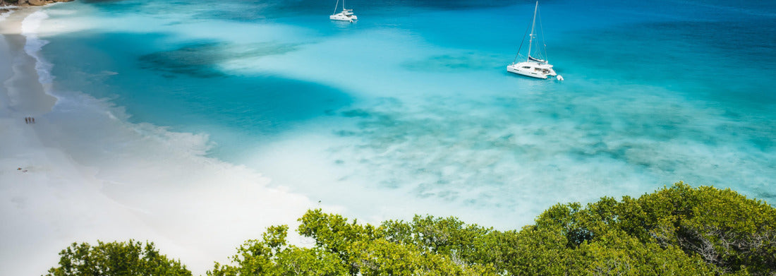 Noah Jigsaw Puzzle Aerial of Grand Anse beach at La Digue island in Seychelles. White sandy beach with blue ocean lagoon and catamaran yacht moored panorama 1000 pieces