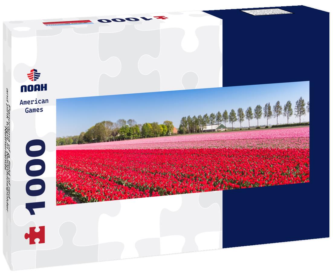 a field of red and pink tulips in Noordoostpolder, Netherlands 1000pc Panoramic Puzzle