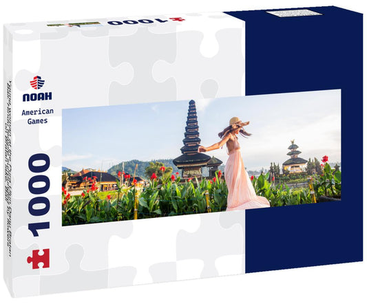 Noah Jigsaw Puzzle Young woman at the Pura Ulun Danu Bratan, Bali. Hindu temple surrounded by flowers on Bratan lake, Bali panorama 1000 pieces