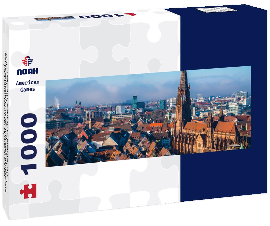 Noah Jigsaw Puzzle Germany, Freiburg im Breisgau city, Gothic cathedral in winter with cozy atmosphere, panoramic view over skyline at sunset panorama 1000 pieces