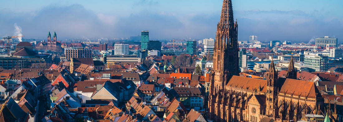 Noah Jigsaw Puzzle Germany, Freiburg im Breisgau city, Gothic cathedral in winter with cozy atmosphere, panoramic view over skyline at sunset panorama 1000 pieces