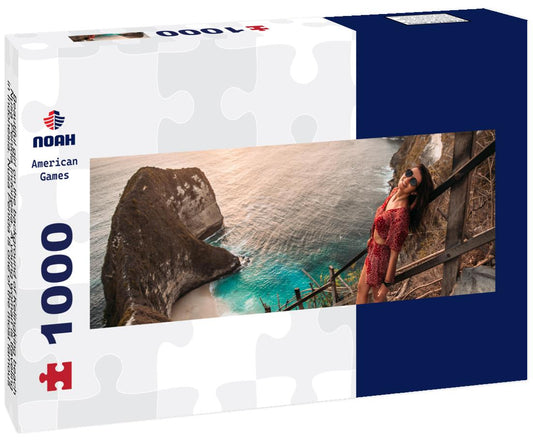 Noah Jigsaw Puzzle Beautiful girl on the background of Kelingking beach, Nusa Penida Indonesia. A young woman is traveling in Indonesia. Nusa Penida is one of the most famous tourist attraction place to visit in Bali panorama 1000 pieces