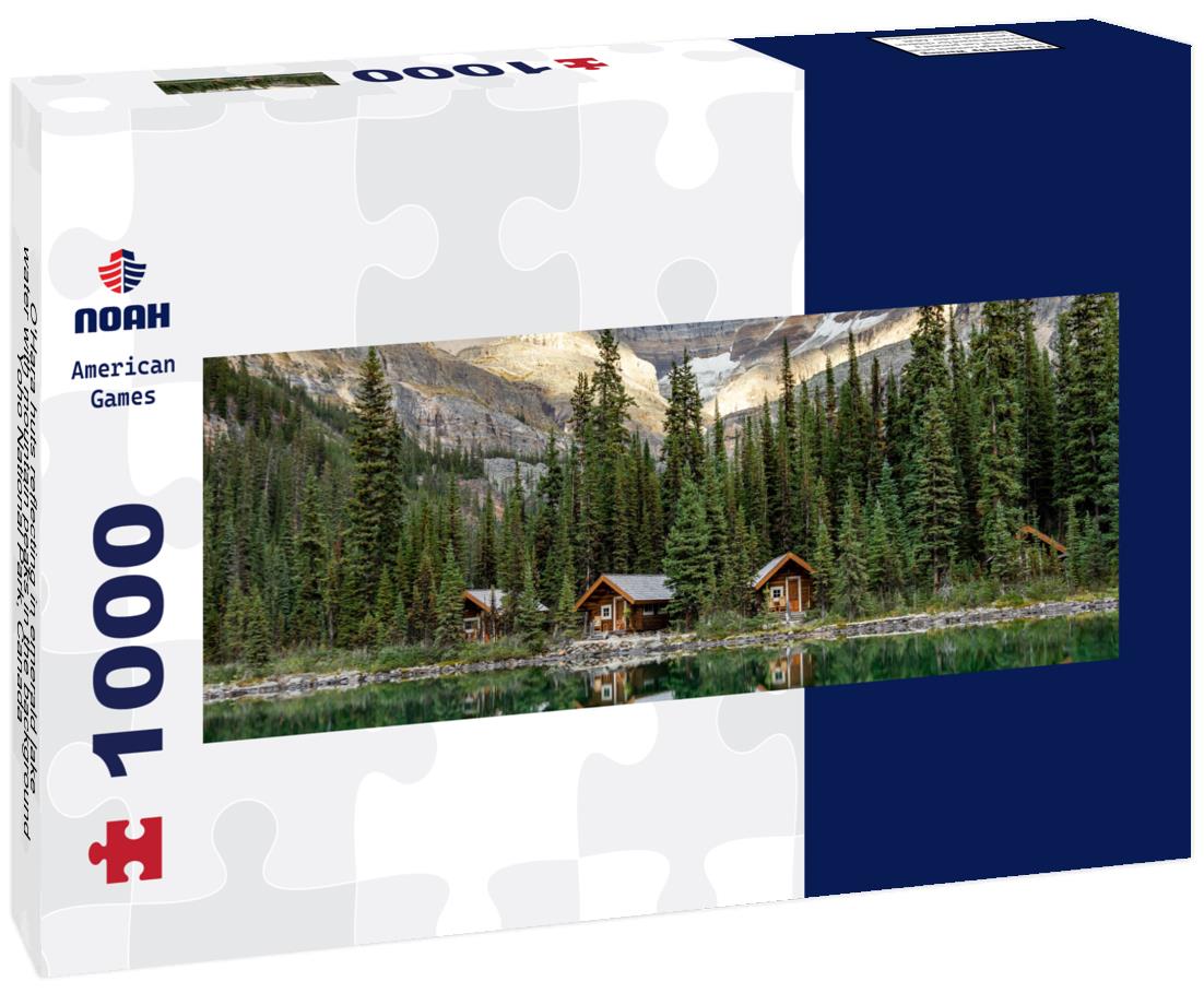 Noah Jigsaw Puzzle O'Hara huts reflecting in emerald lake water with mountain peaks in the background, Yoho National Park, Canada panorama 1000 pieces