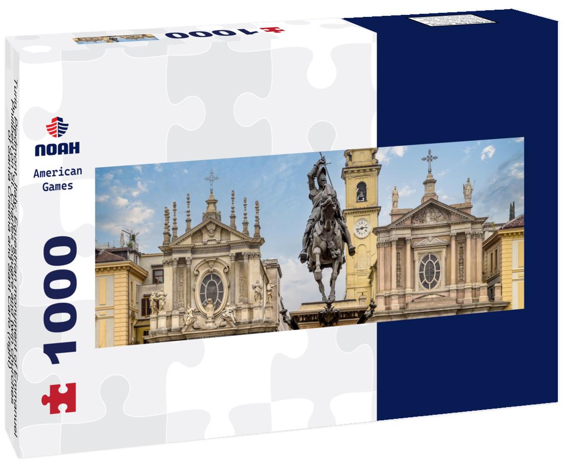 Noah Jigsaw Puzzle Turin, Piedmont, Italy: Equestrian monument of Emmanuel Philibert on St. Charles Square and twin churches of Santa Cristina and Sant Carlo (right) panorama 1000 pieces