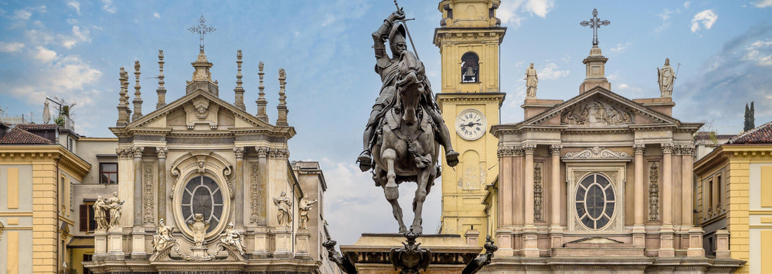 Noah Jigsaw Puzzle Turin, Piedmont, Italy: Equestrian monument of Emmanuel Philibert on St. Charles Square and twin churches of Santa Cristina and Sant Carlo (right) panorama 1000 pieces