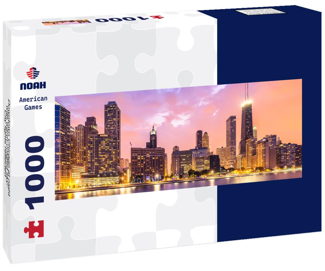 Noah Jigsaw Puzzle Downtown Chicago at night with warm-colored sky. City lights reflected in Lake Michigan panorama 1000 pieces
