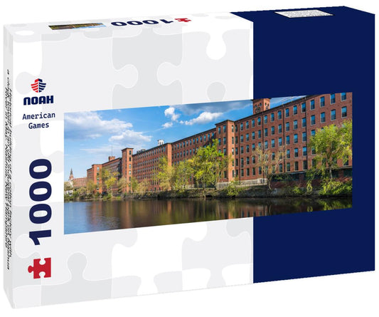 Noah Jigsaw Puzzle Historical building of a cotton factory with a clock tower in an old industrial park on Nashua River in May. Nashua, New Hampshire panorama 1000 pieces