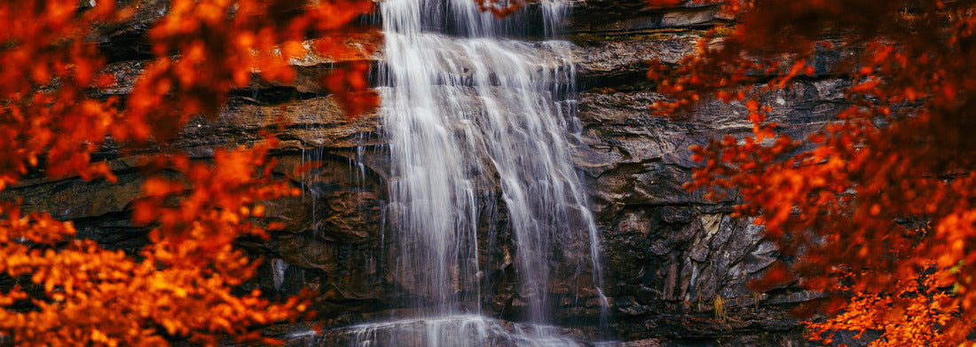 Noah Jigsaw Puzzle Morricana waterfalls in Monti della Laga, Abruzzo, Italy, in the fall season with red and orange leaves panorama 1000 pieces