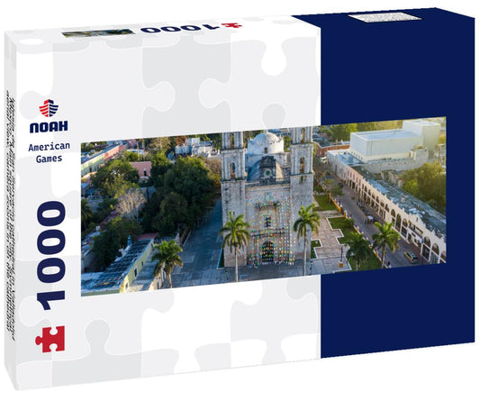 Noah Jigsaw Puzzle Iglesia de San Servacio cathedral in Valladolid Mexico. Main square of the city. Symmetrical aerial view, camera zooms in on the cathedral between the towers. Valladolid Mexico panorama 1000 pieces