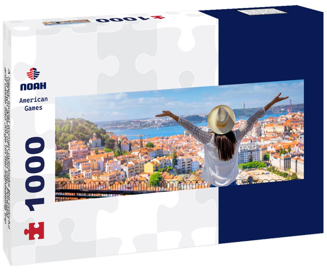 Noah Jigsaw Puzzle A happy tourist woman overlooks the colorful old town Alfama of Lisbon city, Portugal, and castle Sao Jorge on her sightseeing trip panorama 1000 pieces