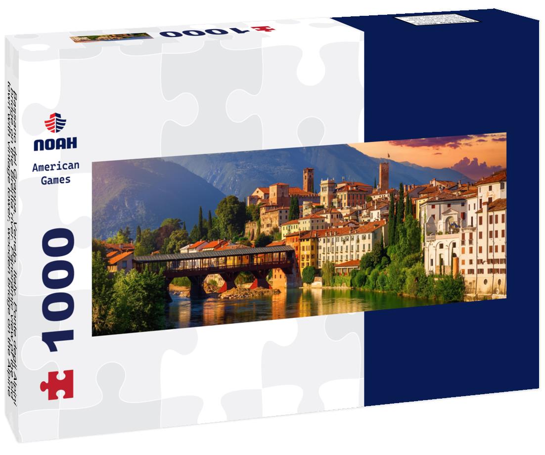 Noah Jigsaw Puzzle Bassano del Grappa, Veneto, Italy. Ponte degli Alpini bridge on the Brenta river. Panoramic view of the old town with vintage tower, wooden bridge on the Alpine mountains, picturesque sunset landscape panorama 1000 pieces