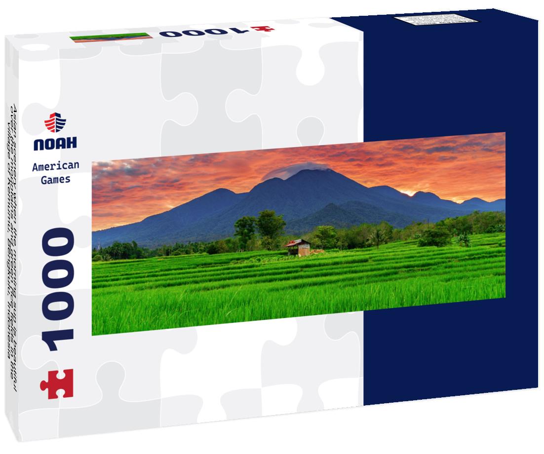 Noah Jigsaw Puzzle Asian scenery when the morning sun is beautiful over the mountains and green rice fields in the village of Kemumu, Bengkulu, Indonesia panorama 1000 pieces